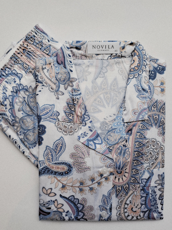 Damen Pyjama Baumwolle Satin Helena weiß bleu paisley 8667-111