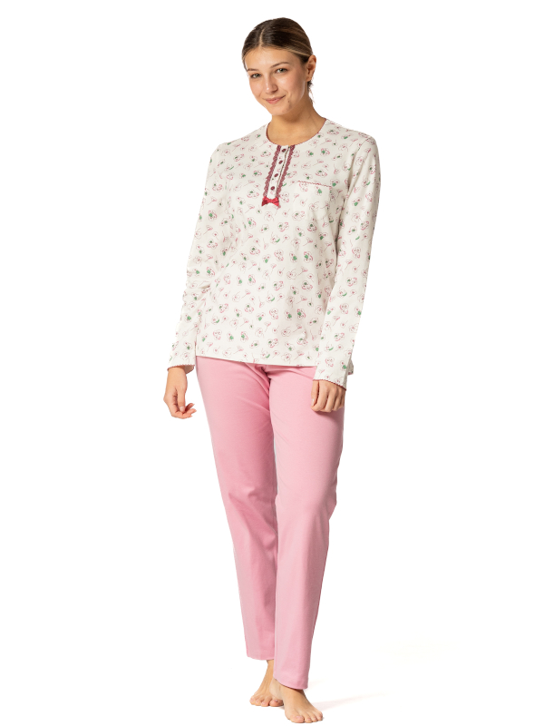 wärmerer Schlafanzug in 100% Baumwolle natur-rosa EGATEX