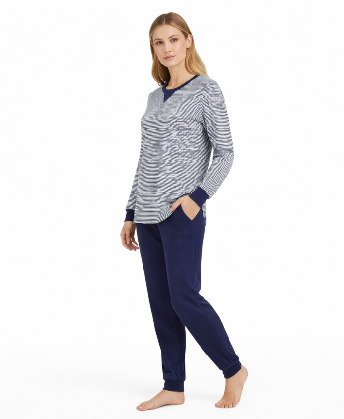 RINGELLA Damen Frottee Schlafanzug marine Streifen 6513223