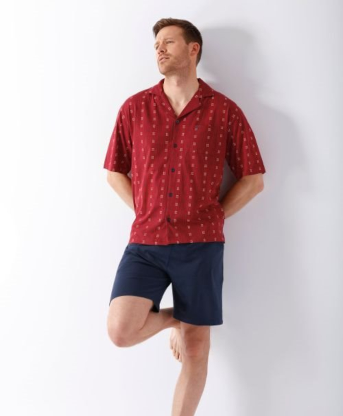 Herren 1/2Arm Pyjama mit Knöpfen KLIMA LIGHT 53953  marine rot hajo