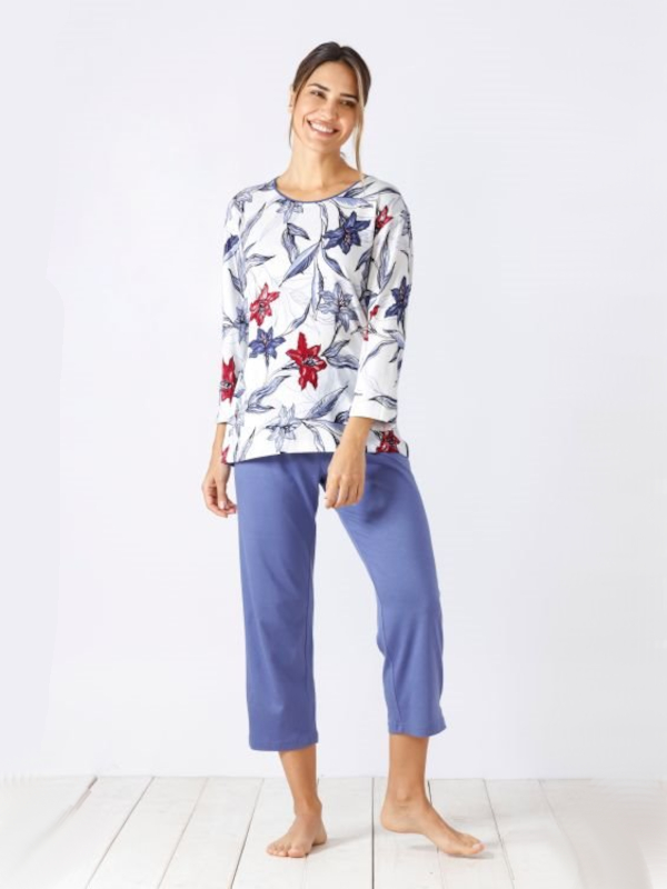 7/8 Damen Schlafanzug 46336 mittelblau Blumen