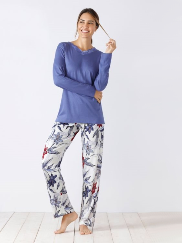 Damen Schlafanzug 46337 mittelblau Blumen hajo Damen Schlafanzug 46337 mittelblau Blumen hajo