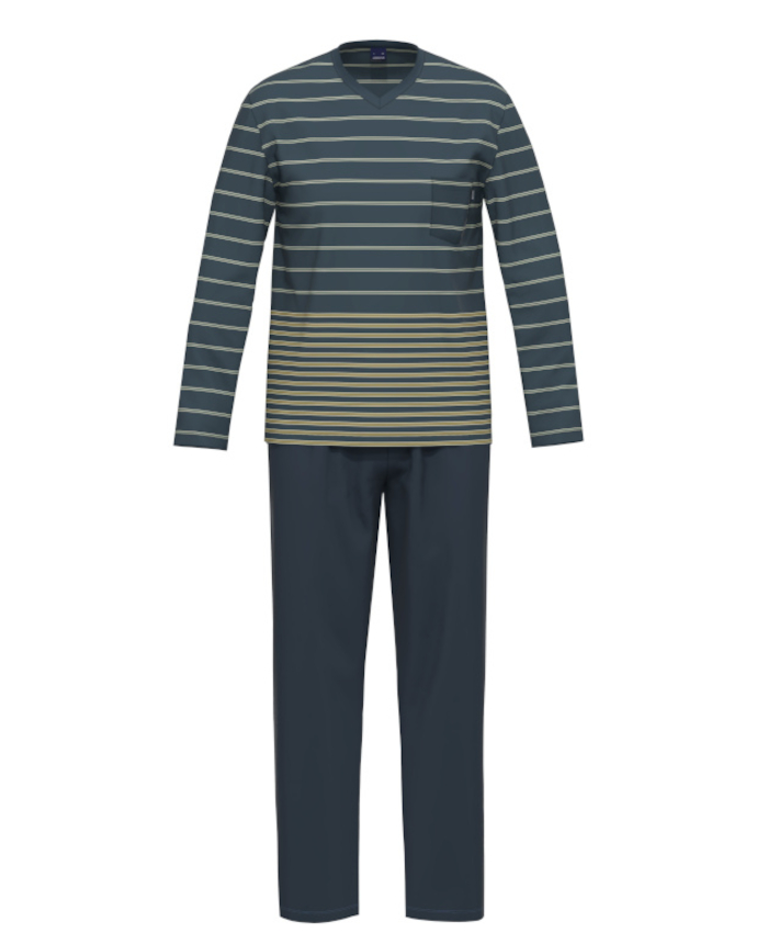 Herren Schlafanzug marine ocker Streifen 100% Baumwolle 31149 AMMANN