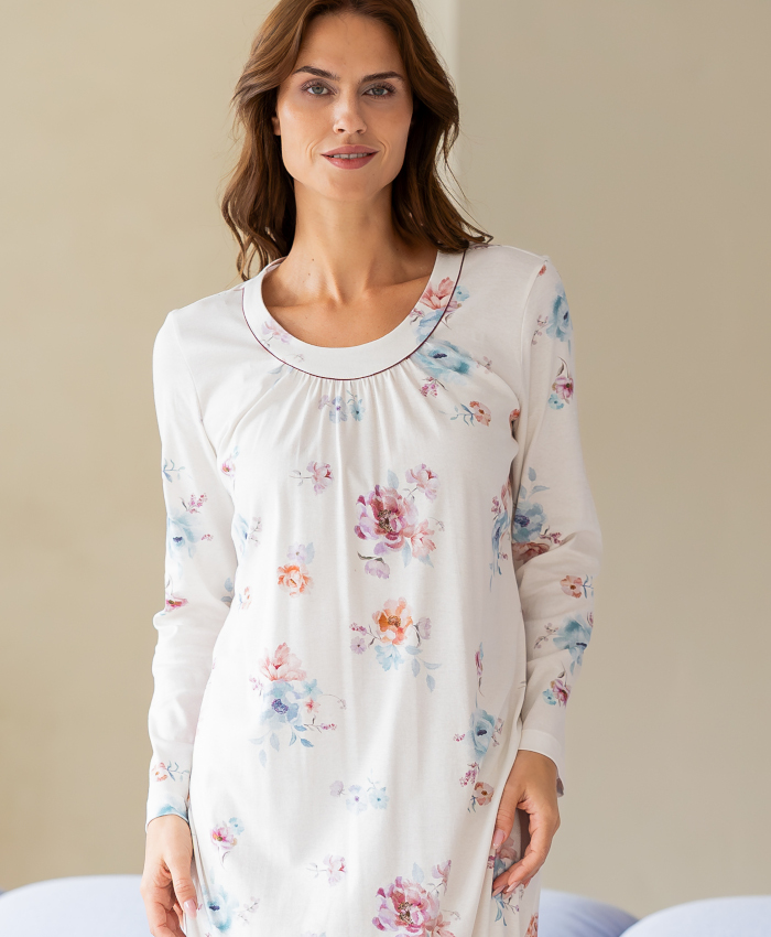 langes HUTSCHREUTHER Nachthemd natur Florals 100% Baumwolle 6418