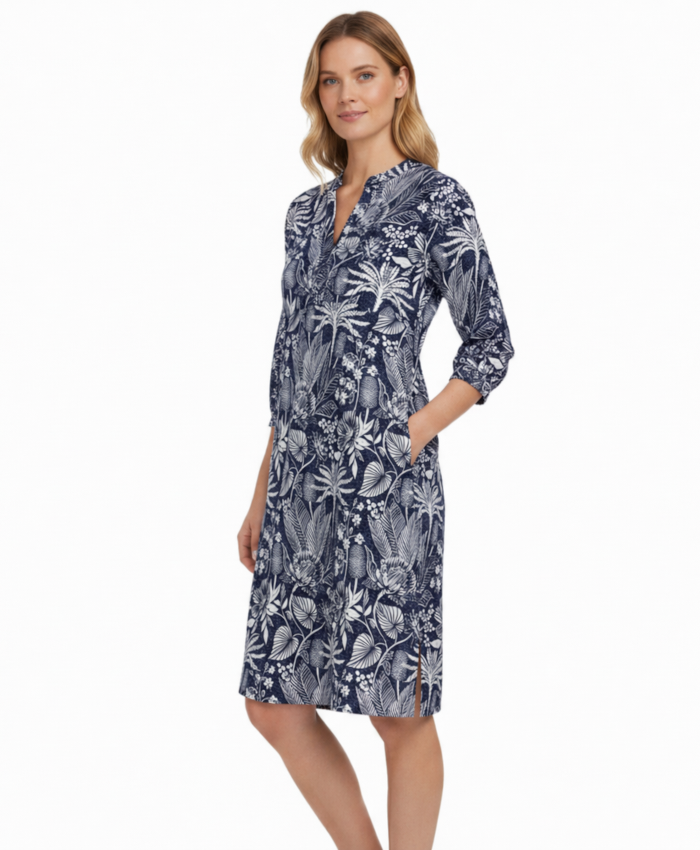Tunikakleid 3/4 Arm Viskose Voile marine Blumendessin 6226009